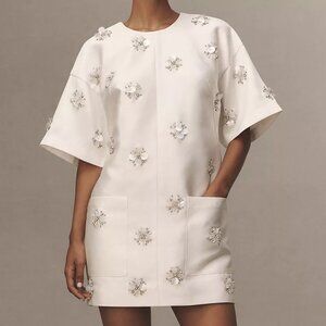 BHLDN Short-Sleeve Crew-Neck Beaded Mini Dress